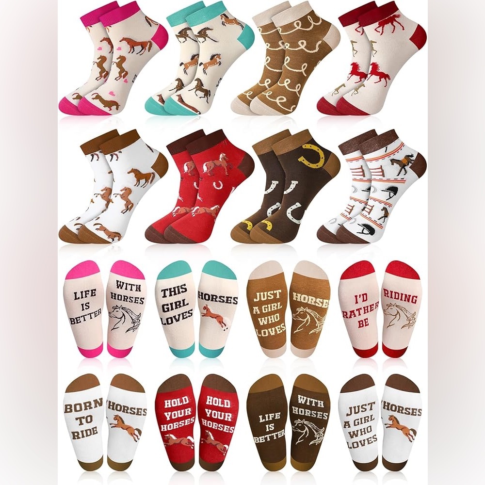 8 Pairs Funny Horse Socks for Women Novelty Equestrian Ankle Socks Horse Stuff f
